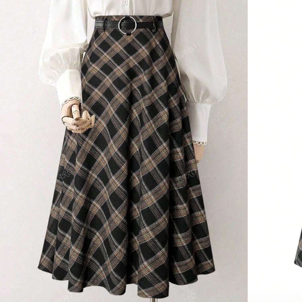 Plaid A-Line Midi Skirt with Belt